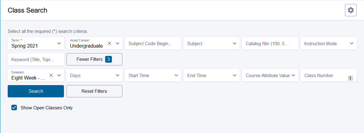 Screen capture from the IU registration interface. The term selected is Spring 2021, the Academic Career selected is Undergraduate, and the Session Selected is Eight Week - Second. Below the search inputs is a blue button labeled Search.